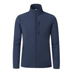 A navy soft shell jacket with a high collar and zippered pockets. Features a logo on the chest.