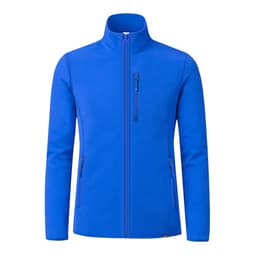 A blue soft shell jacket with a high collar, full zip, and zippered pockets. It features a logo on the chest.
