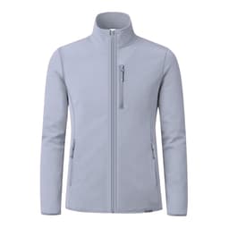 A soft shell jacket in light grey with a zip front and pockets, featuring a logo.