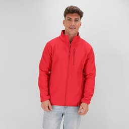 A red soft shell jacket with a front zipper and a logo, worn by a model against a plain background.