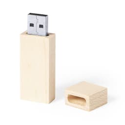 A wooden USB drive in natural wood colour, featuring a removable cap and a simple design.