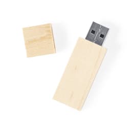 A wooden USB drive in a light colour with a removable cap, featuring a metallic connector.
