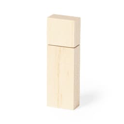 A wooden USB drive with a rectangular and square block design, featuring a natural wood finish.