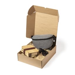 A gift set featuring a grey bag, bamboo containers, sunglasses, and straw, all packaged in a cardboard box.