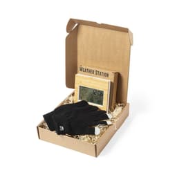 A weather station in a kraft box with a pair of black gloves, resting on straw packaging.
