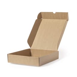 A kraft cardboard box, open with a rectangular shape and flaps at the top, ready for packaging items.