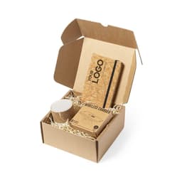A gift set featuring a cork notebook, a wireless charger, and a drink cup, all in a cardboard package with a logo.
