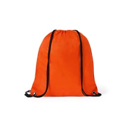 An orange drawstring bag with black cords, featuring eyelets at the base.