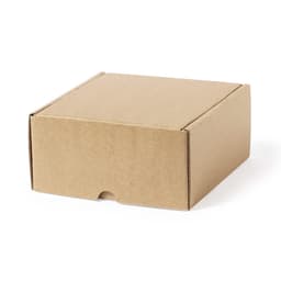 A brown cardboard gift box with a simple design and a front opening flap.