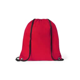 A red drawstring backpack featuring black cords and eyelets, designed for lightweight carrying.