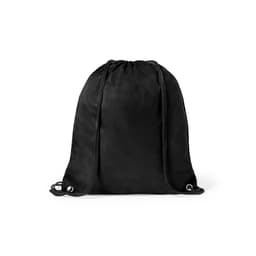 A black drawstring backpack featuring two sturdy drawstrings and a simple design.