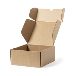 A kraft cardboard gift box with an open lid, displaying a simple, unadorned design.