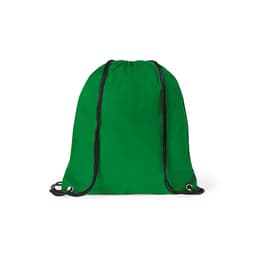 A green drawstring bag with black cords for easy carrying and closure. It features eyelets for the drawstrings.
