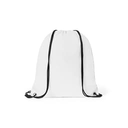 A white drawstring bag with black cords and a logo at the base. Ideal for casual use or promotions.
