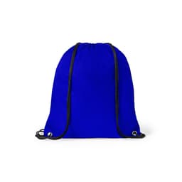 A drawstring bag in vibrant blue with black cords and eyelets, featuring a simple and sleek design.