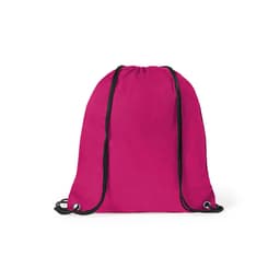 A pink drawstring bag featuring black straps and eyelets, designed for promotional use.