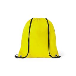 A yellow drawstring backpack with black cords, featuring a simple, lightweight design.