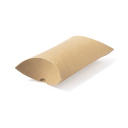 A brown pillow box made of kraft paper, featuring a curved design and a small opening at one end.