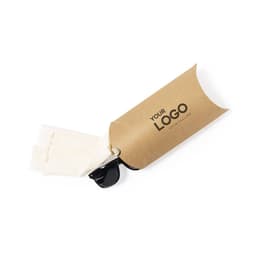 A brown kraft paper packaging contains black sunglasses and a light-coloured cleaning cloth, with a logo printed on it.