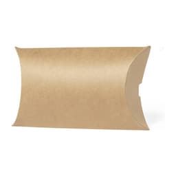 A brown kraft pillow box with a smooth surface, designed for packaging gifts. It includes a logo on the side.