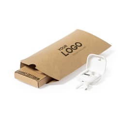 A brown packaging envelope containing a box and a white wireless earphone case. It features a logo on the front.