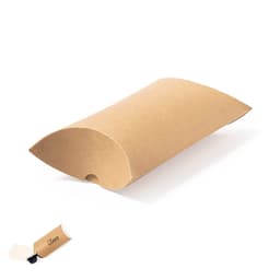 A kraft pillow box in a light brown shade, featuring a logo on a tag. Ideal for packaging gifts.