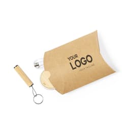 A packaging envelope containing a drink bottle, USB flash drive, and keychain, featuring a logo. The envelope is brown.