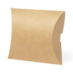A brown pillow-shaped gift box made from kraft paper with a smooth finish and no visible branding.