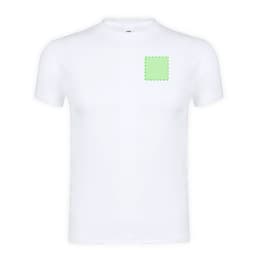 A white adult T-shirt featuring a blank area for potential branding or designs.