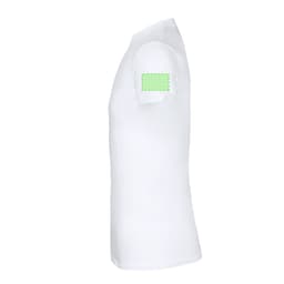 A white adult T-shirt displayed from the side, featuring a logo area on the sleeve.