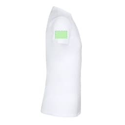 A white adult T-shirt with a simple design and a logo on the sleeve.