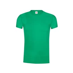A bright green adult T-shirt featuring a round neck and short sleeves, with a logo on the label.