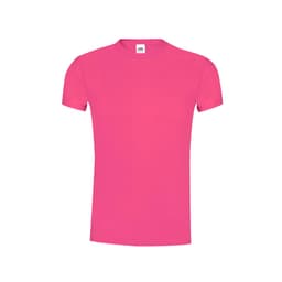 A pink adult T-shirt featuring a simple design and a label at the neckline. It has a logo on the label.
