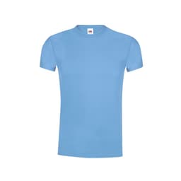 A blue short-sleeved adult T-shirt with a logo on the label.