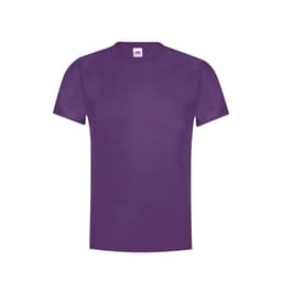 A purple adult T-shirt with a round neck and short sleeves, featuring a logo on the label.