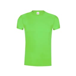 A bright green adult T-shirt with a round neckline and short sleeves, featuring a logo on the label.