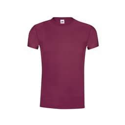 A maroon adult t-shirt, short-sleeved, featuring a logo on the label.