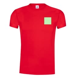 A red adult T-shirt featuring a small green square patch and a logo on the neckline.
