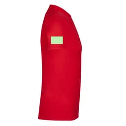 A red adult t-shirt featuring a logo on the sleeve. The shirt has a fitted, short-sleeve design.