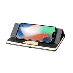 A grey notebook with a wood phone stand, holding a smartphone on top. The notebook features a black cover.