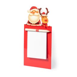 A red magnetic to-do list featuring a Santa and reindeer design, with a blank notepad and a pencil.