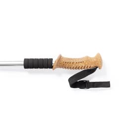 A hiking pole with a cork grip, black rubber accents, and an adjustable strap, featuring a metal shaft.