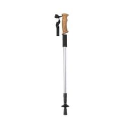 A trekking pole with a cork grip, adjustable metal shaft, and rubber tip for outdoor use. It features a wrist strap.