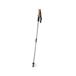 A hiking pole with a wooden handle, adjustable metal shaft, and rubber tip, featuring a wrist strap.