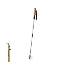 A trekking pole with a wooden handle, adjustable metal shaft, and rubber tip, alongside a hook for storage.