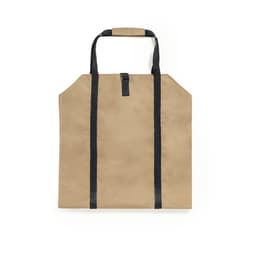 A tan bag with black straps and a top handle, featuring a simple design and a logo.