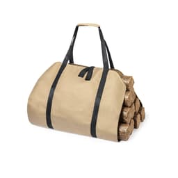 A large tan bag with black straps, filled with logs, designed for carrying items.