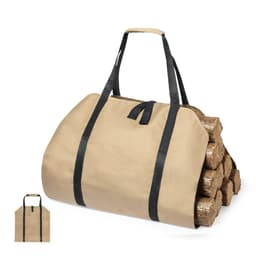 A tan bag with black straps, designed to carry firewood. Includes a logo on the front.