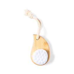 A bamboo exfoliating brush in a teardrop shape, featuring a white textured pad and a rope for hanging.
