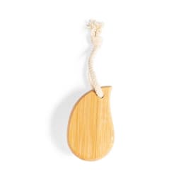 A bamboo hair and beauty tool with a smooth, curved shape, featuring a natural twine loop for hanging.